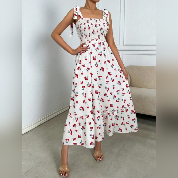 Women's Cherry Printed Shoulder Knot Casual Dress